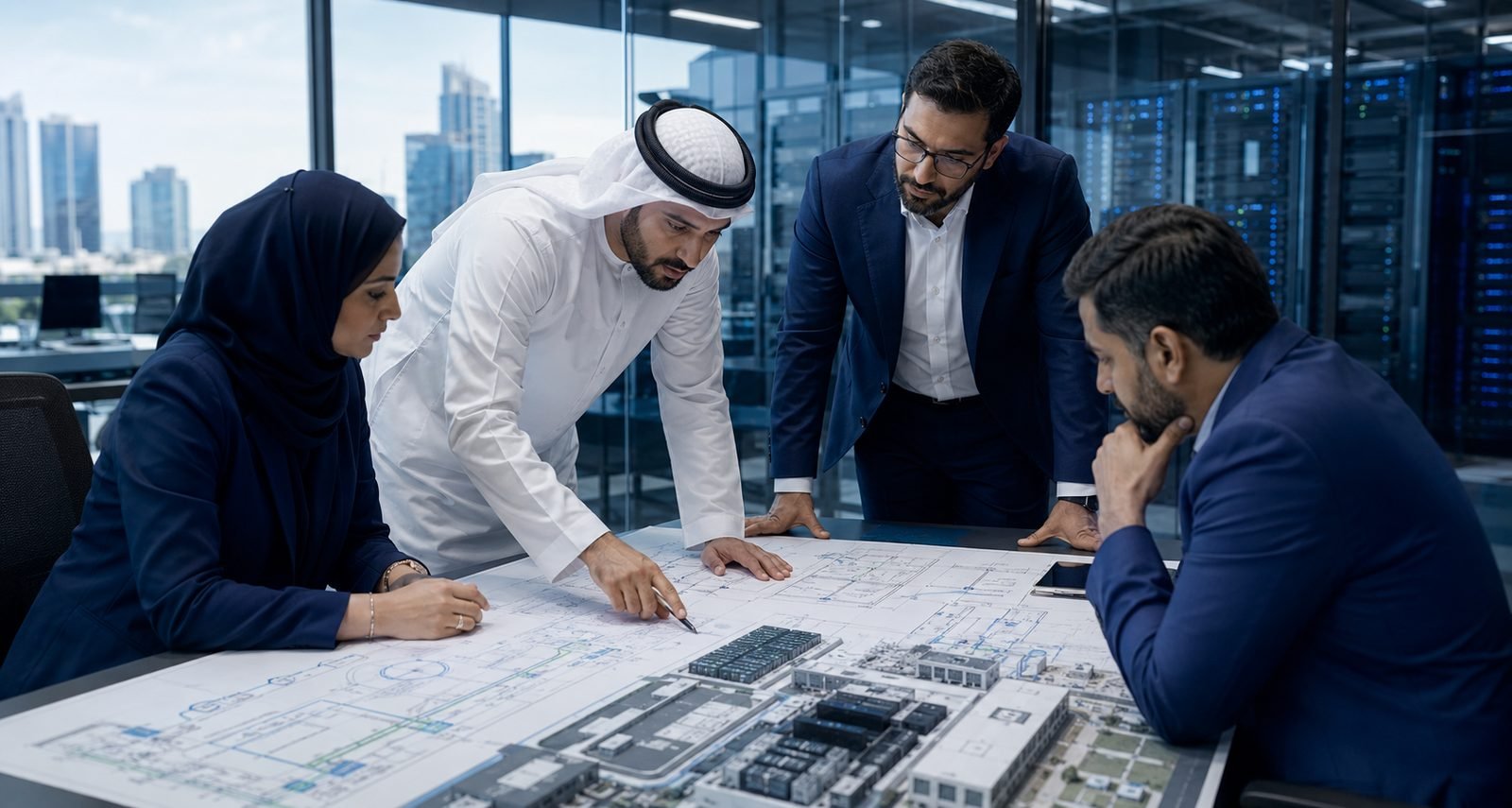 A consulting team reviewing plans with a client at a boardroom table